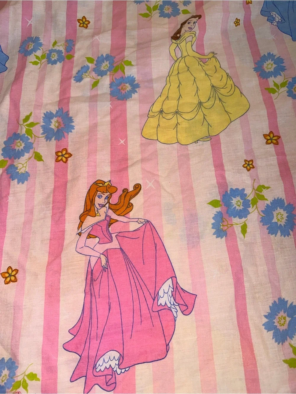 Vintage Y2K Disney Princess Twin Bed Sheet Set 3pc Pink Stripe Fabric DIY Sewing